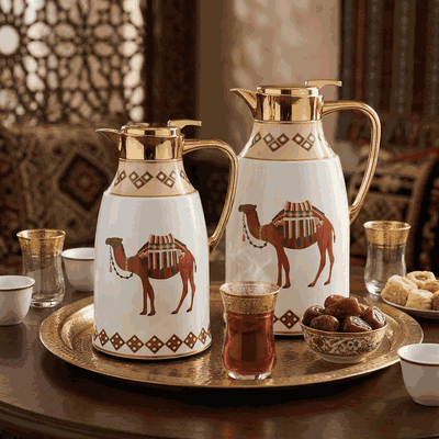 طقم ترامس ترحال السيف غاليري، 1.3 / 1 لتر، قطعتين، حافظة داخلية زجاج حراري، هيكل خارجي استيل - أبيض ذهبي product image 2