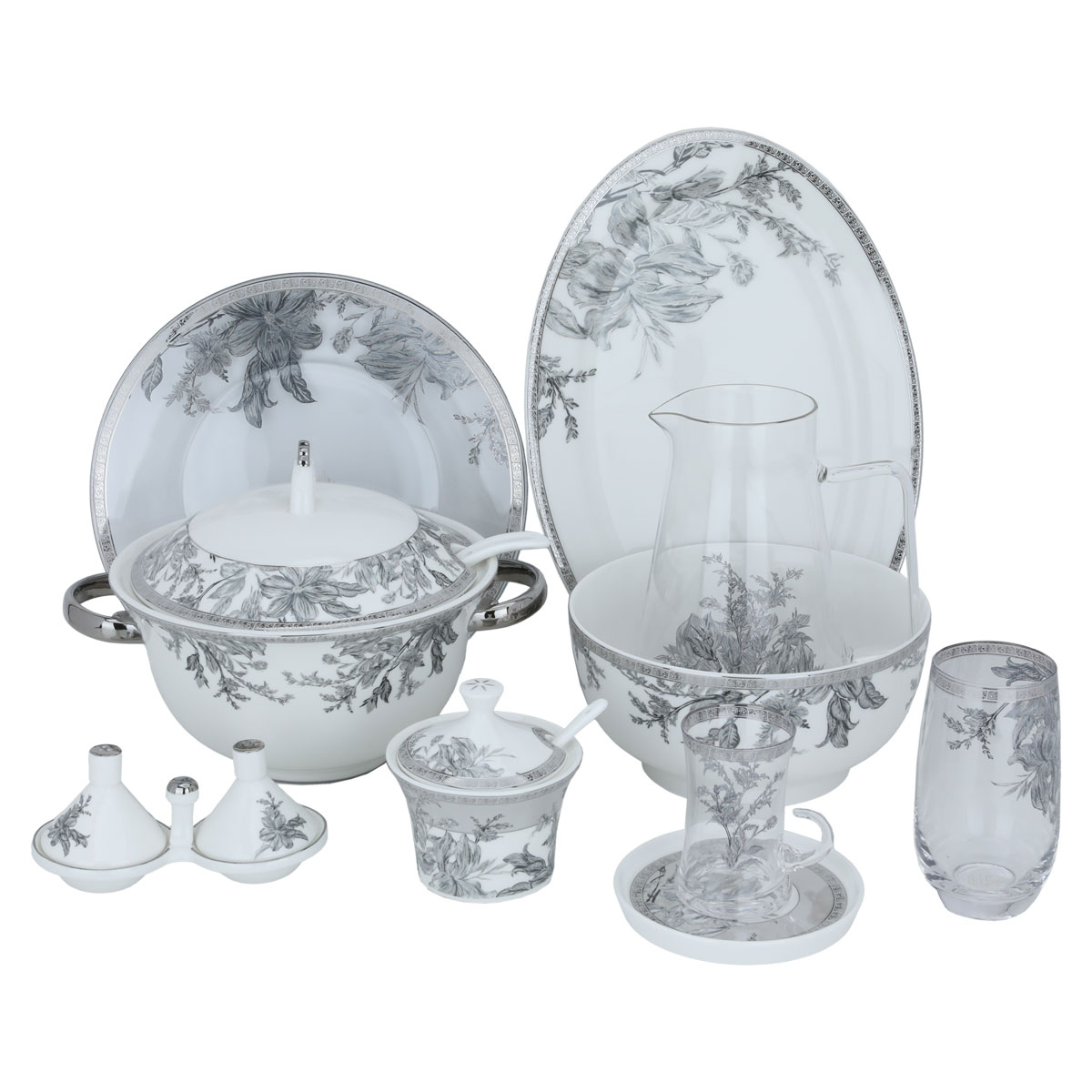 Al Saif Gallery porcelain dining set, 62 pieces, silver-white floral pattern product image