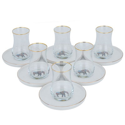 Al Saif Gallery glass tea canteens set with porcelain saucer, 12 pieces, elephant pattern - transparent and white product image 2