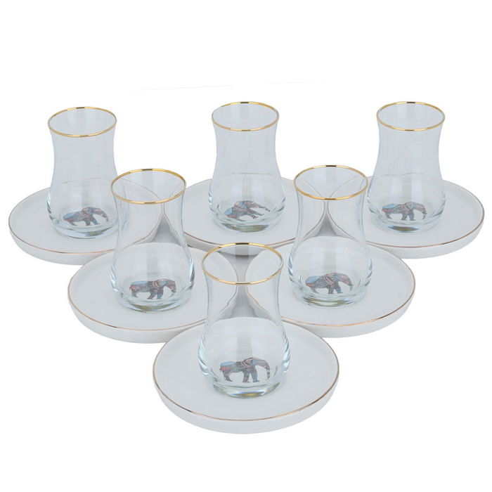 Al Saif Gallery glass tea canteens set with porcelain saucer, 12 pieces, elephant pattern - transparent and white product image 2