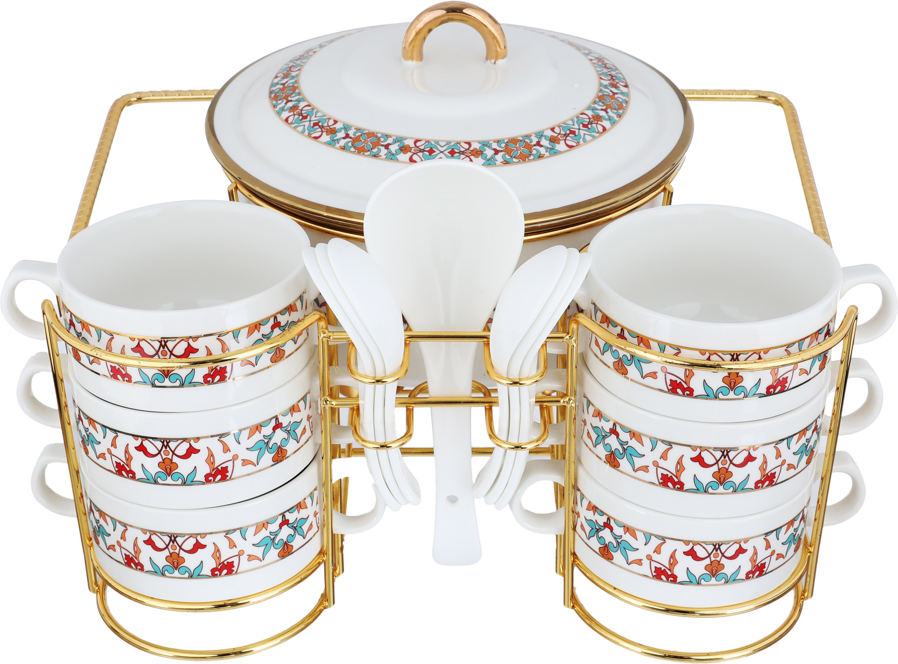 One More Porcelain Soup Set with Stand, 16 Pieces, Decorated - White Gold product image
