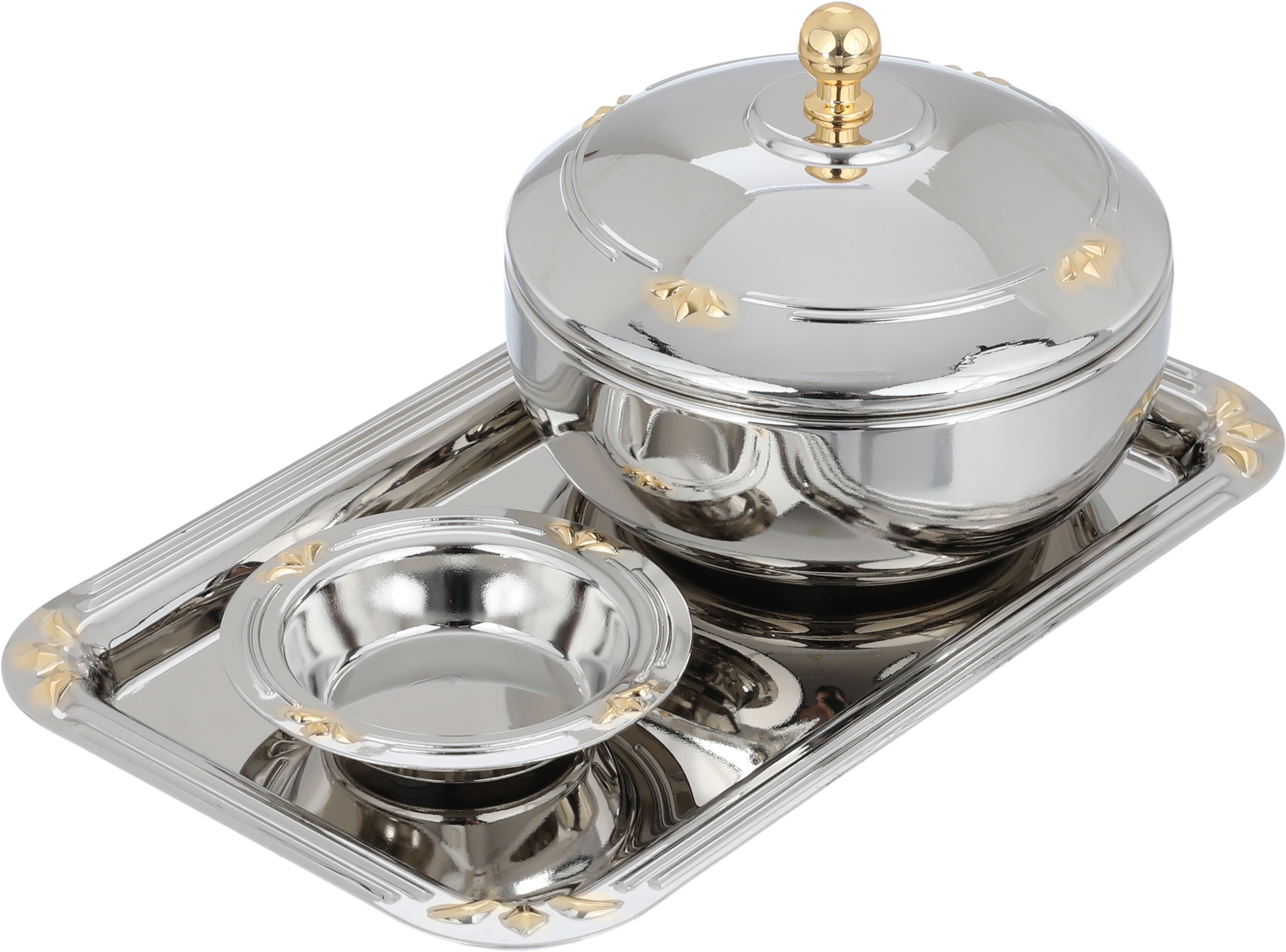 طقم تقديم استيل، 3 قطع مع تمرية - فضي ذهيي product image 1