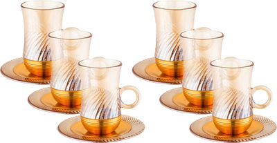 طقم بيالات زجاج أمبير، 120 مل، صحون، قاعدة ذهبي، 12 قطعة - عسلي شفاف product image 1