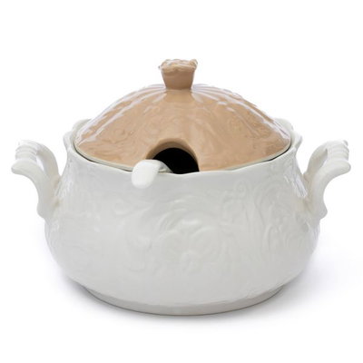 طقم شوربة بورسلان بغطاء بيج السيف غاليري، 15 قطعة، نحت مشجر - أبيض بيج product image 5