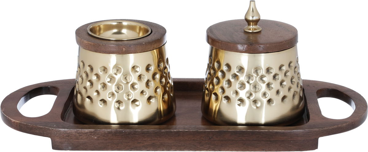 طقم مبخرة وعلبة بخور استيل السيف غاليري، بقاعدة خشب مع يدين، 3 قطع - ذهبي product image 1