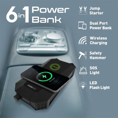شاحن بطارية سيارة مع بنك طاقة لاسلكي بروميت، 10 واط، 19200 مللي أمبير، اضاءة LED - اسود product image 2