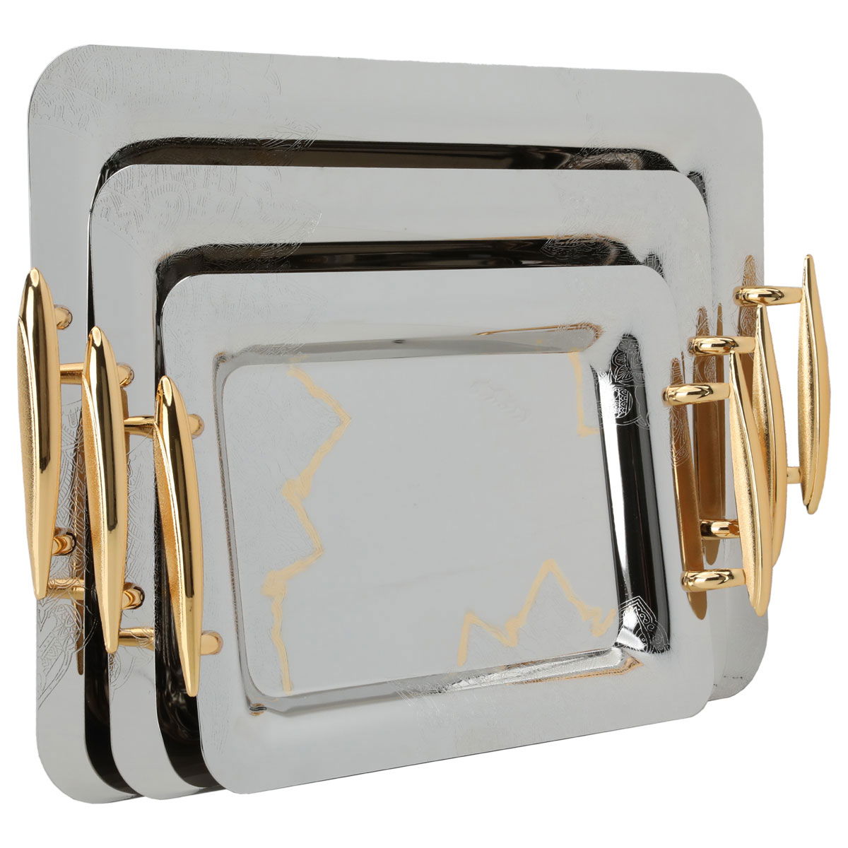 Al Saif Gallery steel tray set with a gold handle, 3 pieces, rectangular, wooded pattern - silver product image 2
