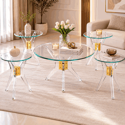 طقم طاولات زجاج و ستيل و اكرليك، 5 قطع - شفاف ذهبي product image 1