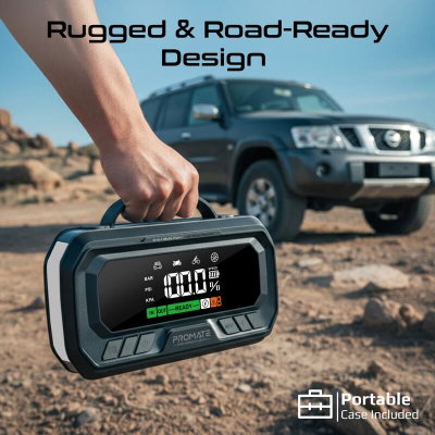 Promate Patrol Pack Alter 4-in-1 Multifunctional Car Jump Starter, Air Compressor, Built-in Power Bank, LED Flashlight, 65W, 150 lb Air Compressor, 7.5", LED Display, 3000 Amp - Black product image 4