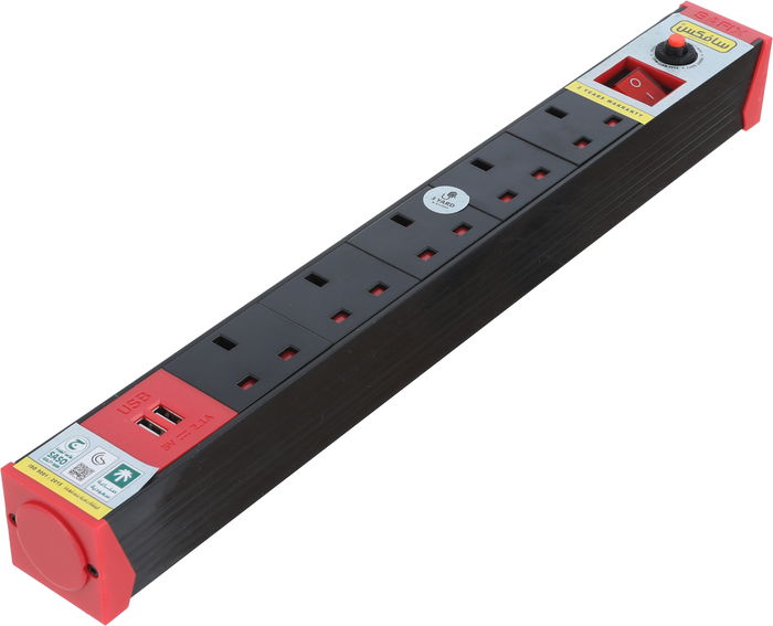 Safix Power Strip, USB, 5 Ports, 5 Yards, 4.5m Cord Length - Black/Red product image 2