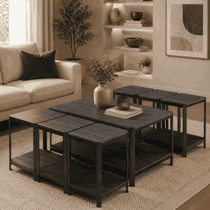 طقم طاولات خشب MDF و معدن، 7 قطع - رمادى اسود product image