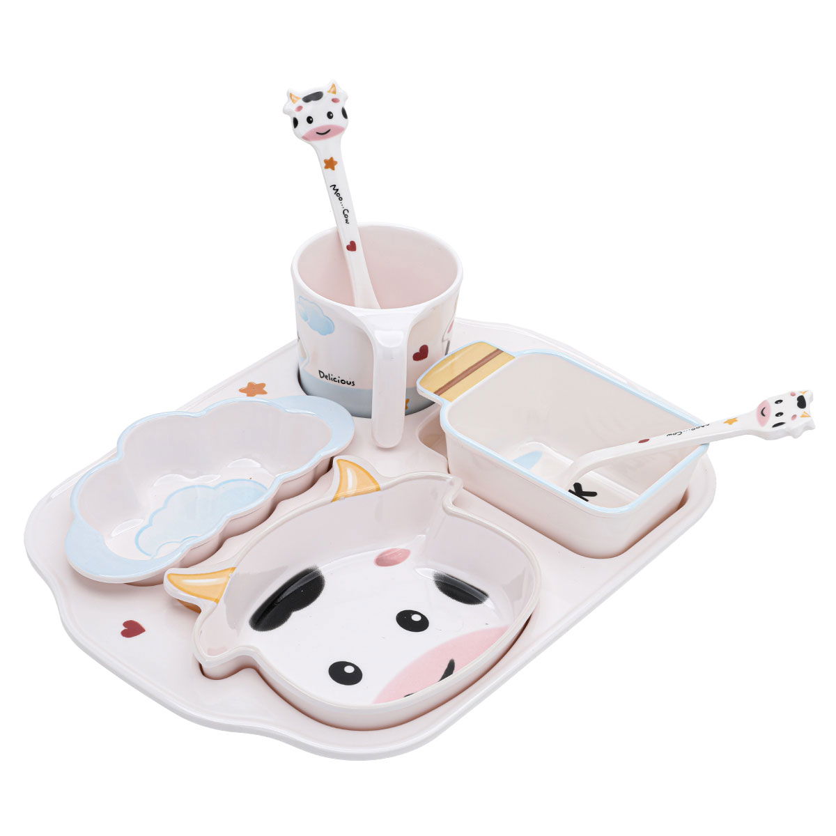 Al Saif Gallery plastic children's food serving set, cow shape, 7 pieces - colorful product image