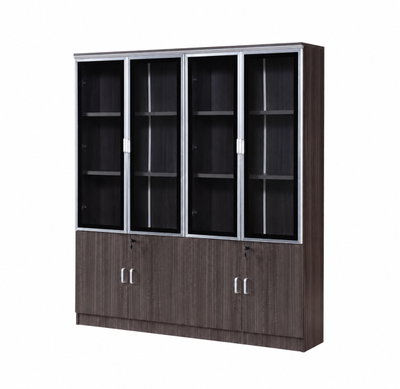 OW-110 MDF wood storage and display cabinet, 190×160×32 cm, 4 glass top doors, 4 wooden bottom doors, internal shelves - Wood Gray product image 2