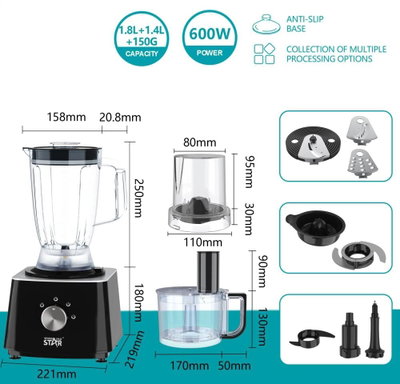 محضر طعام 10×1 ويننج ستار، 1.8 لتر، 600 واط، شفرات ستانلس ستيل، ST-5583 - اسود product image 3