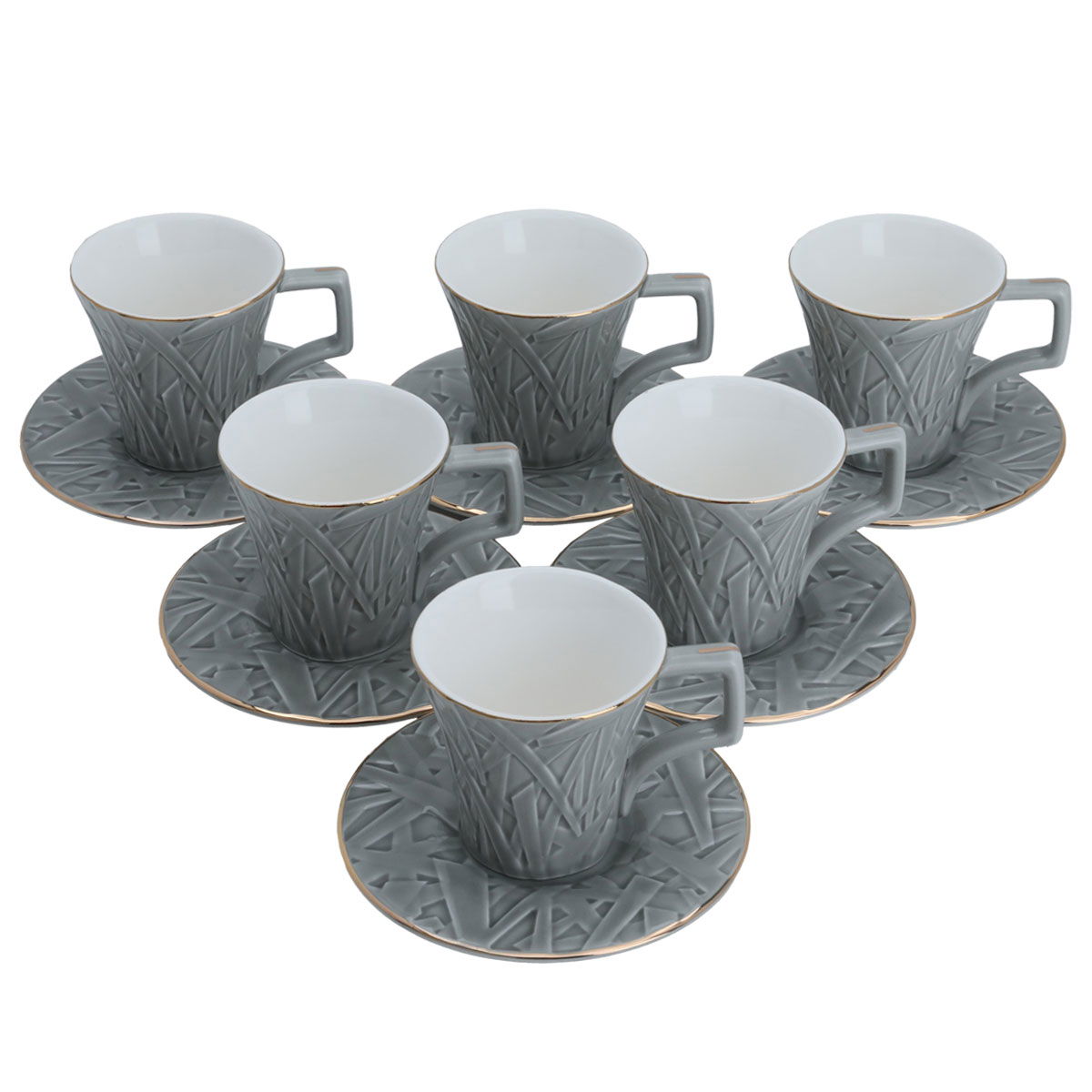Al Saif Gallery ceramic coffee cup set, engraved with golden script, with saucer, 12 pieces - light gray product image 2