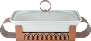 Al Saif Gallery Porcelain Food Warmer, 15 inches, 46x25x12 cm, Steel Base, Glass Lid, Rectangular - White Brown product image