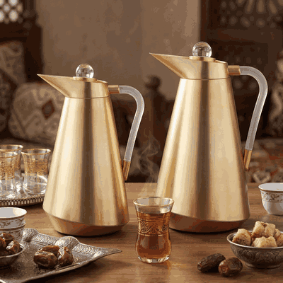 طقم ترامس طريف السيف غاليري، 1/0.7 لتر، حافظة داخلية زجاج، يد شفاف، غطاء ضغاط - ذهبي product image 2
