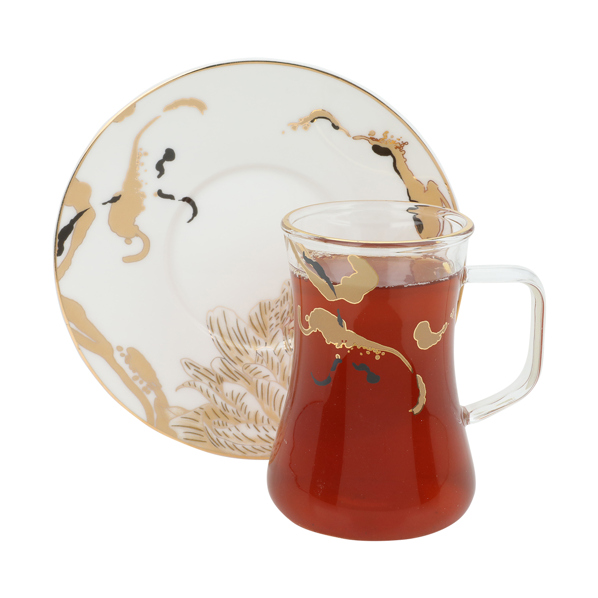 Al Saif Gallery glass jar serving set with saucer, 12 pieces, gilded engraving with black - transparent white product image