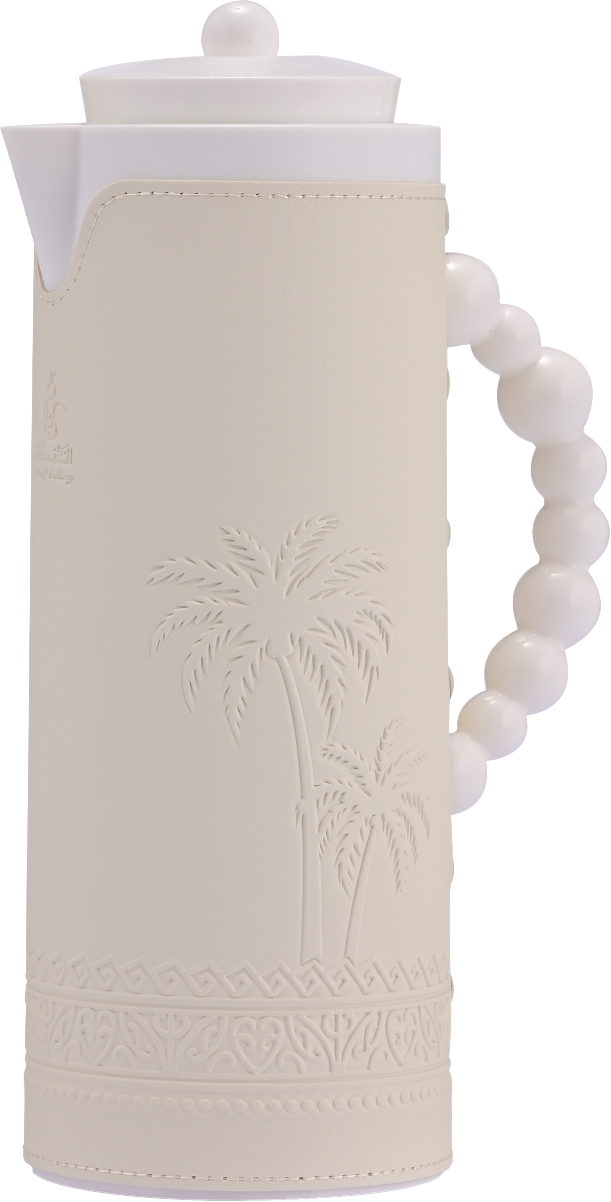 Al Saif Gallery Royal 7T thermos, 1 liter, leather covered, palm pattern, glass inner case, plastic outer body - white product image 1