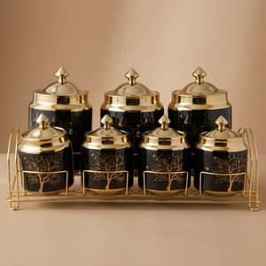 Al Saif Gallery porcelain spice box set, wooded, with golden stand, 8 pieces - black product image