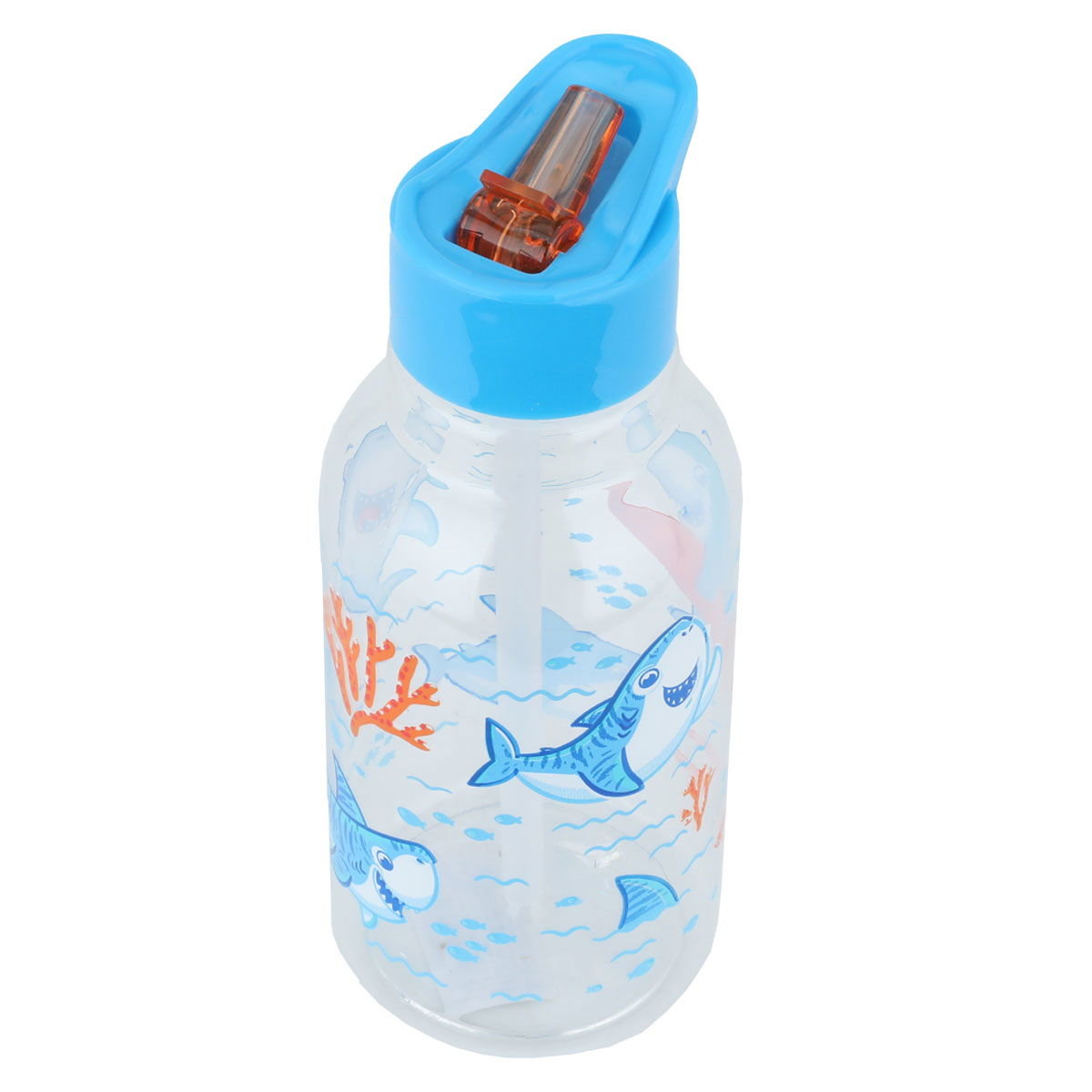 زمزمية بلاستيك السيف غاليري، 460 مل، رسم قرش، غطاء أزرق - شفاف product image 2