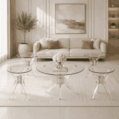 طقم طاولات زجاج و ستيل و اكرليك، 5 قطع - شفاف فضي product image 1