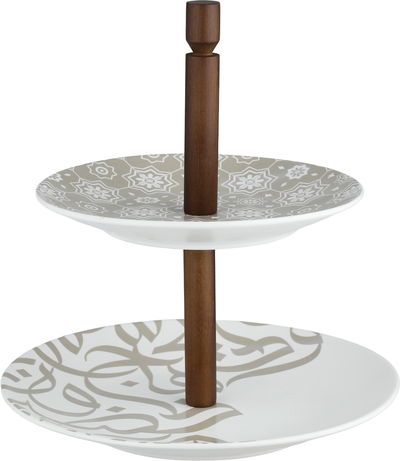 ستاند تقديم ون مور السيف غاليري، 2 دور، دائري، مسكة يدخشب - أبيض بني product image 1