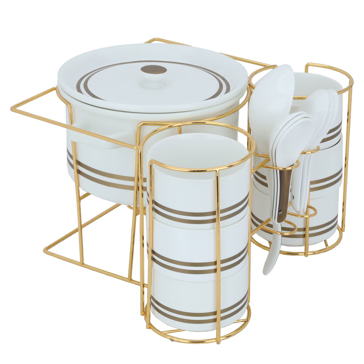 White porcelain soup warmer set with golden stand, 16 pieces product image 1
