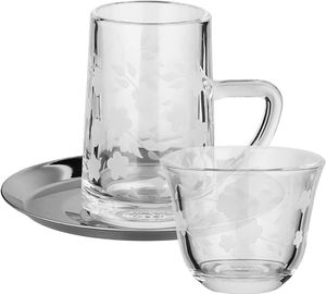 Al Saif Gallery Glass Cup and Tea Set, 18 Pieces, Stainless Steel Saucers, 12cm, Floral Pattern - Clear Silver product image