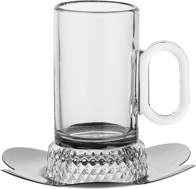Al Saif Gallery Glass Tea Set, 12 Pieces, 12cm Stainless Steel Saucers - Transparent Silver product image 2
