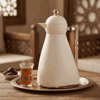 ترمس نور جلوري، 1 لتر، حافظة داخلية زجاج، ضغاط، يد ذهبي- كريمي product image 2