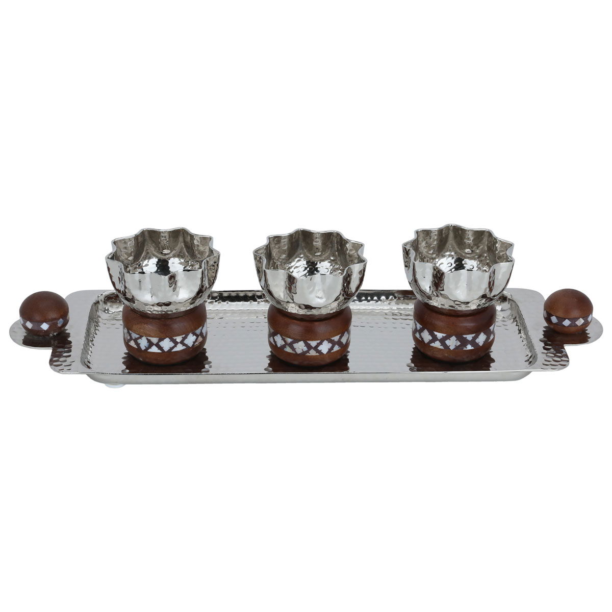 Al Saif Gallery Steel Bowl set, with wooden base, with serving tray, 4 pieces - Silver product image 1
