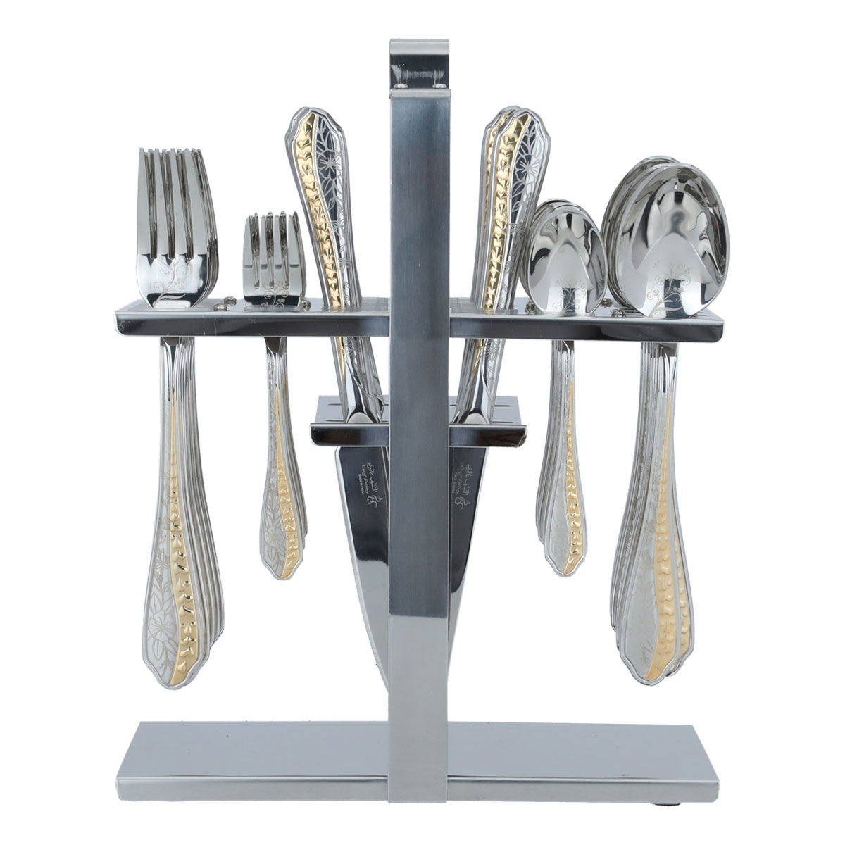 Al Saif Gallery steel spoon set, 20x2.5 / 20.25 / 23.5x2 / 14x3 / 14x3 cm, golden pattern, stand, 30 pieces - silver product image