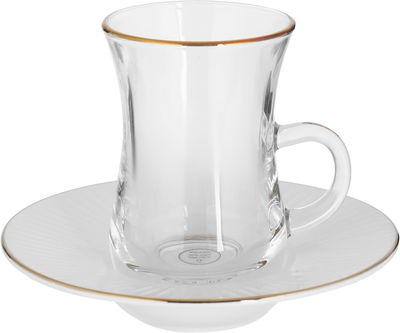 Al Saif Gallery glass tea set with porcelain plate, 12 pieces, gold line - transparent and white product image 2
