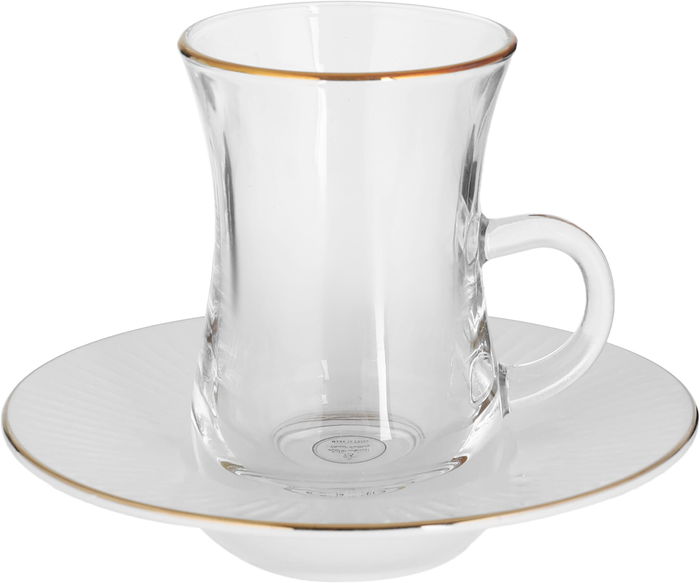 Al Saif Gallery glass tea set with porcelain plate, 12 pieces, gold line - transparent and white product image 2