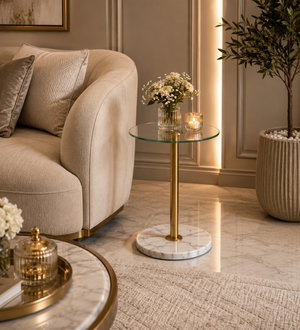 طاولة خدمة مفرد زجاج، 55×35×35 سم، قاعدة رخام دائرية، رافعة استيل - ذهبي product image