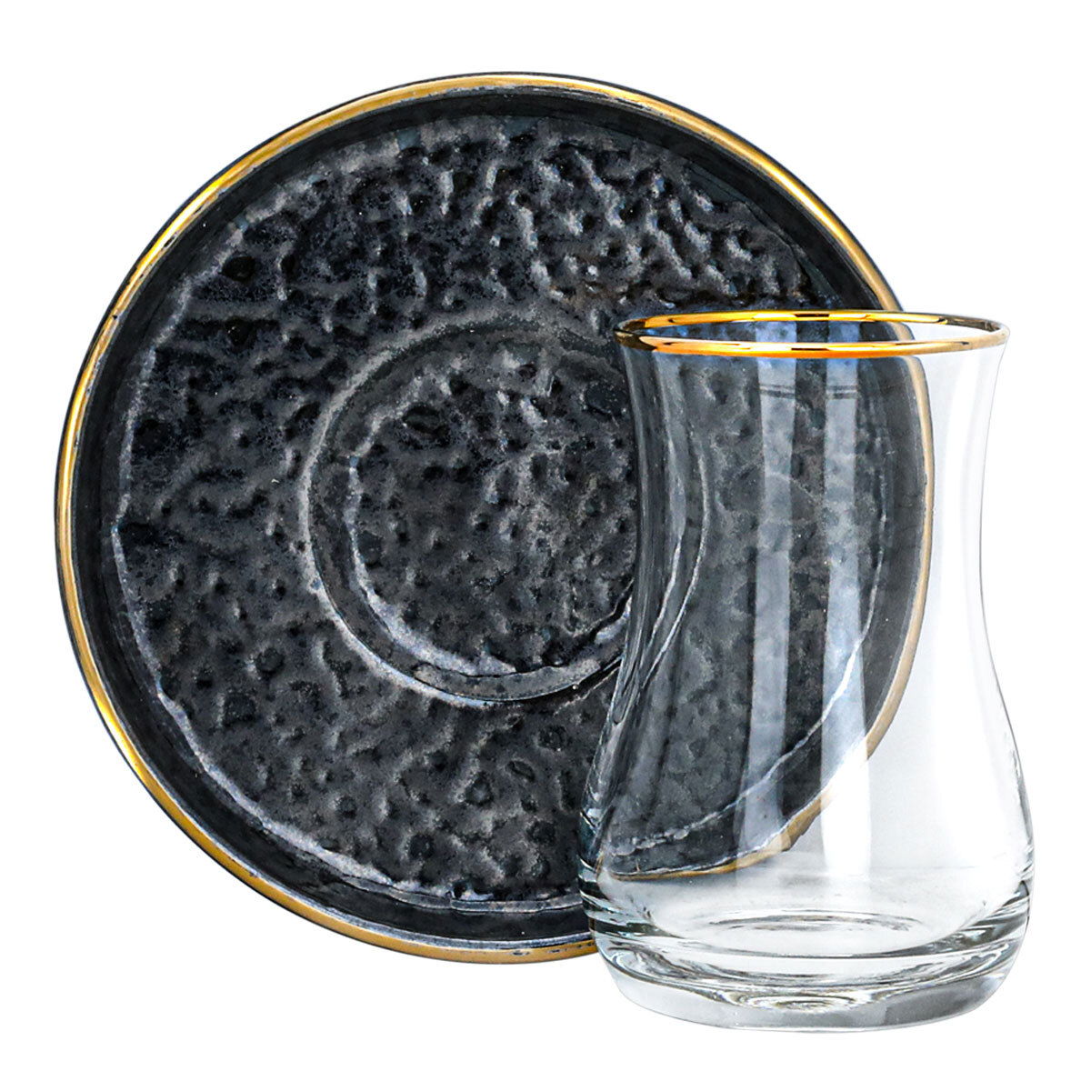 Al Saif Gallery glass tea canteen set, black saucer with golden font, 12 pieces - black product image
