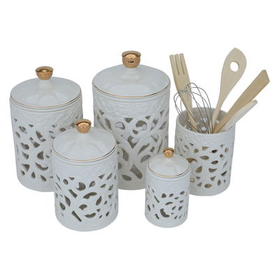 طقم علب بهارات بورسلان السيف غاليري، مخرم - أبيض وذهبي product image 2