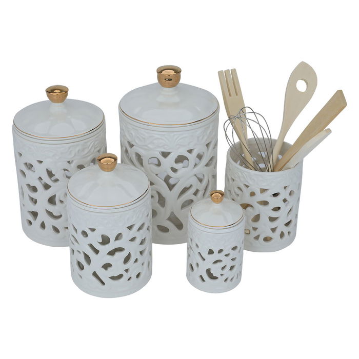 طقم علب بهارات بورسلان السيف غاليري، مخرم - أبيض وذهبي product image 2