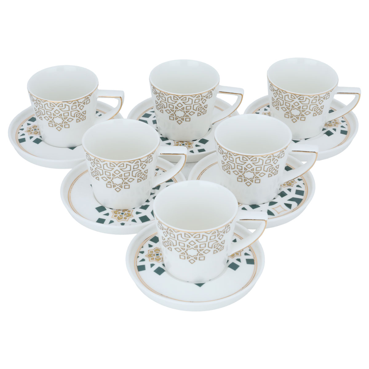 طقم فناجين قهوة مع صحون بورسلان السيف غاليري، 12 قطعة، نقش أخضر بذهبي - أبيض product image 2