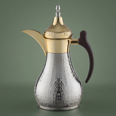 Al Saif Gallery Haila Thermos, 1 liter, wooden handle, steel inner case, steel outer case - silver gold product image 1