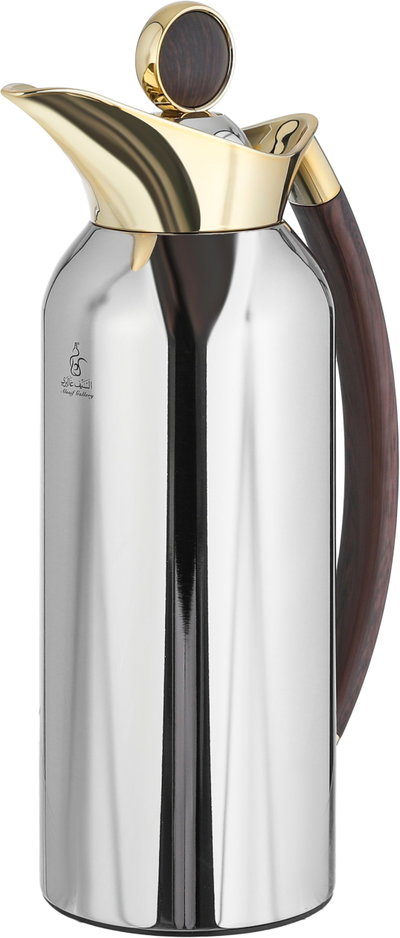 Al Saif Gallery Al Thuraya Thermos Set, 2 Pieces, 1/1 Liter, glass interior, black handle, push-button lid - silver and gold product image 6