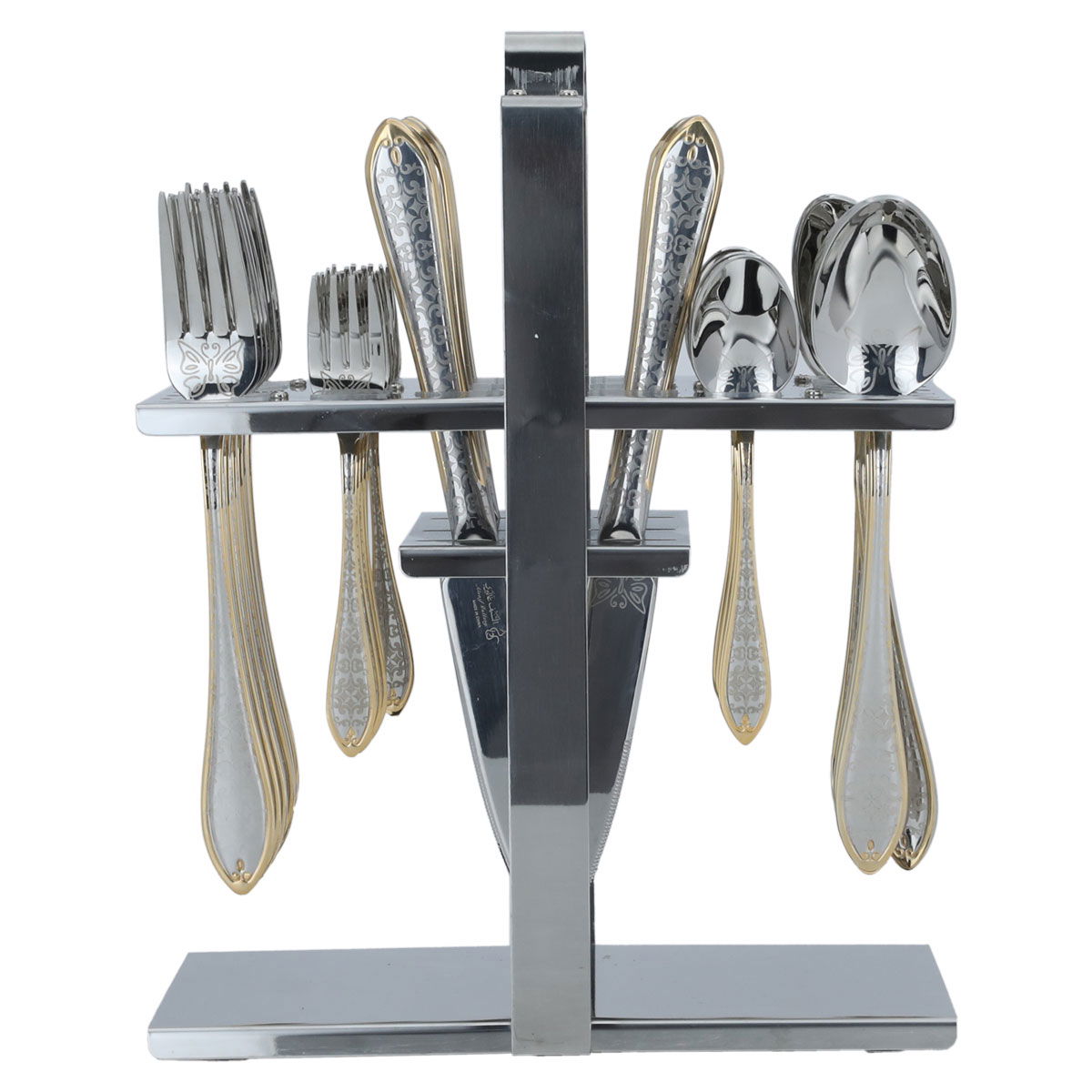 Al Saif Gallery steel spoon set, engraved, stand, 30 pieces - gold product image