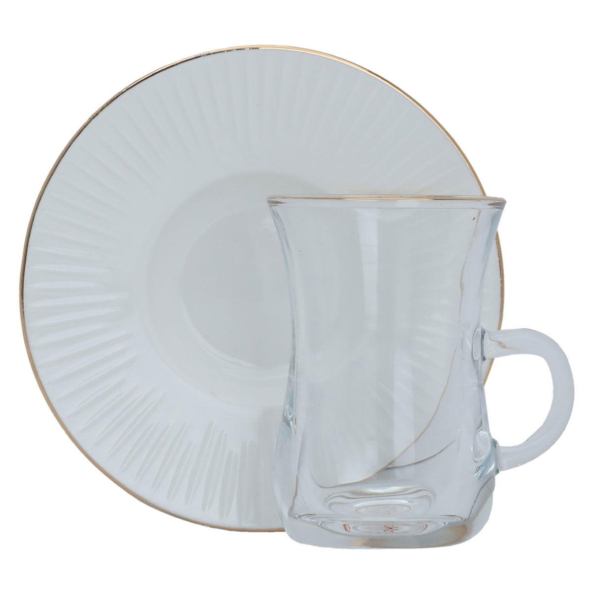 Al Saif Gallery glass tea set with porcelain plate, 12 pieces, gold line - transparent and white product image