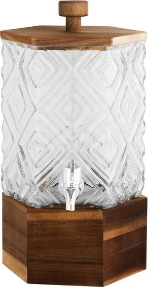Al Saif Gallery Glass Drink Dispenser, 18.5x18.5x33 cm, Wooden Base and Lid - Transparent Wooden product image