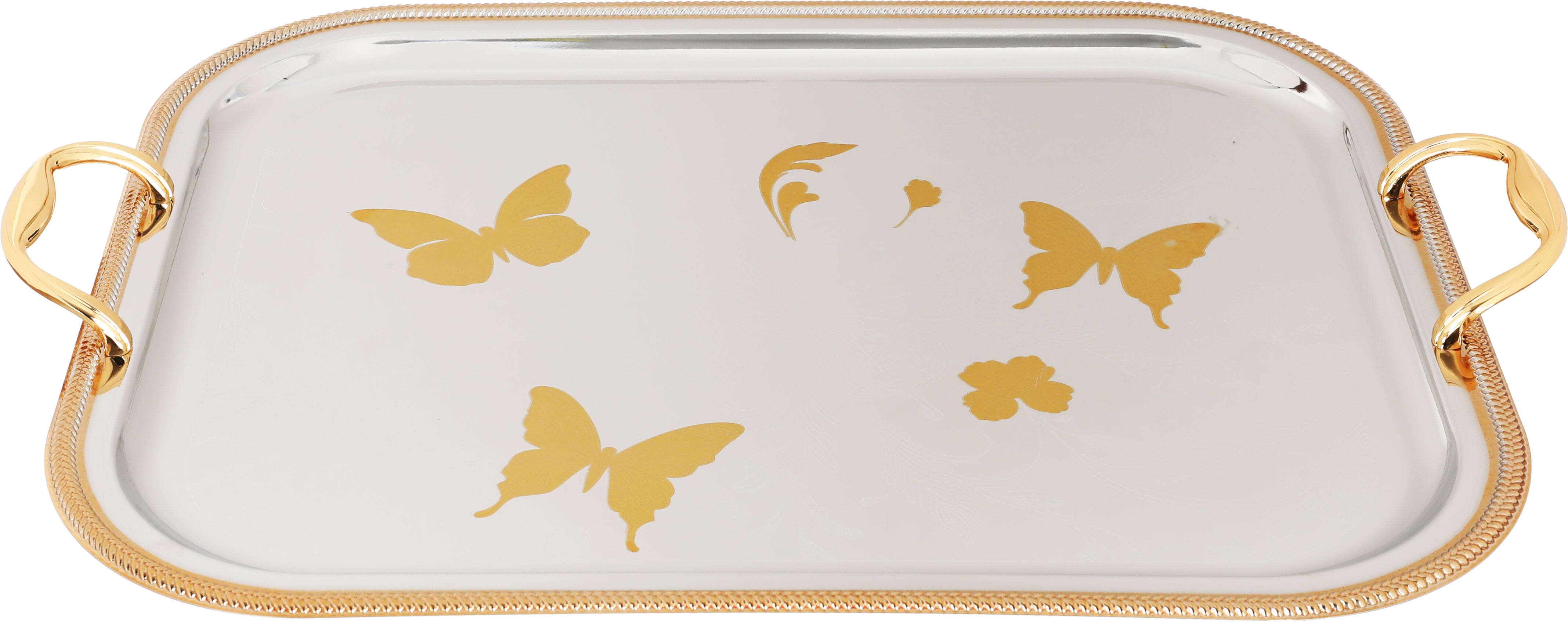 Alsaif Plus Steel Serving Treys Set with gold edges, 3 pieces, rectangle, butterfly pattern - silver product image 3
