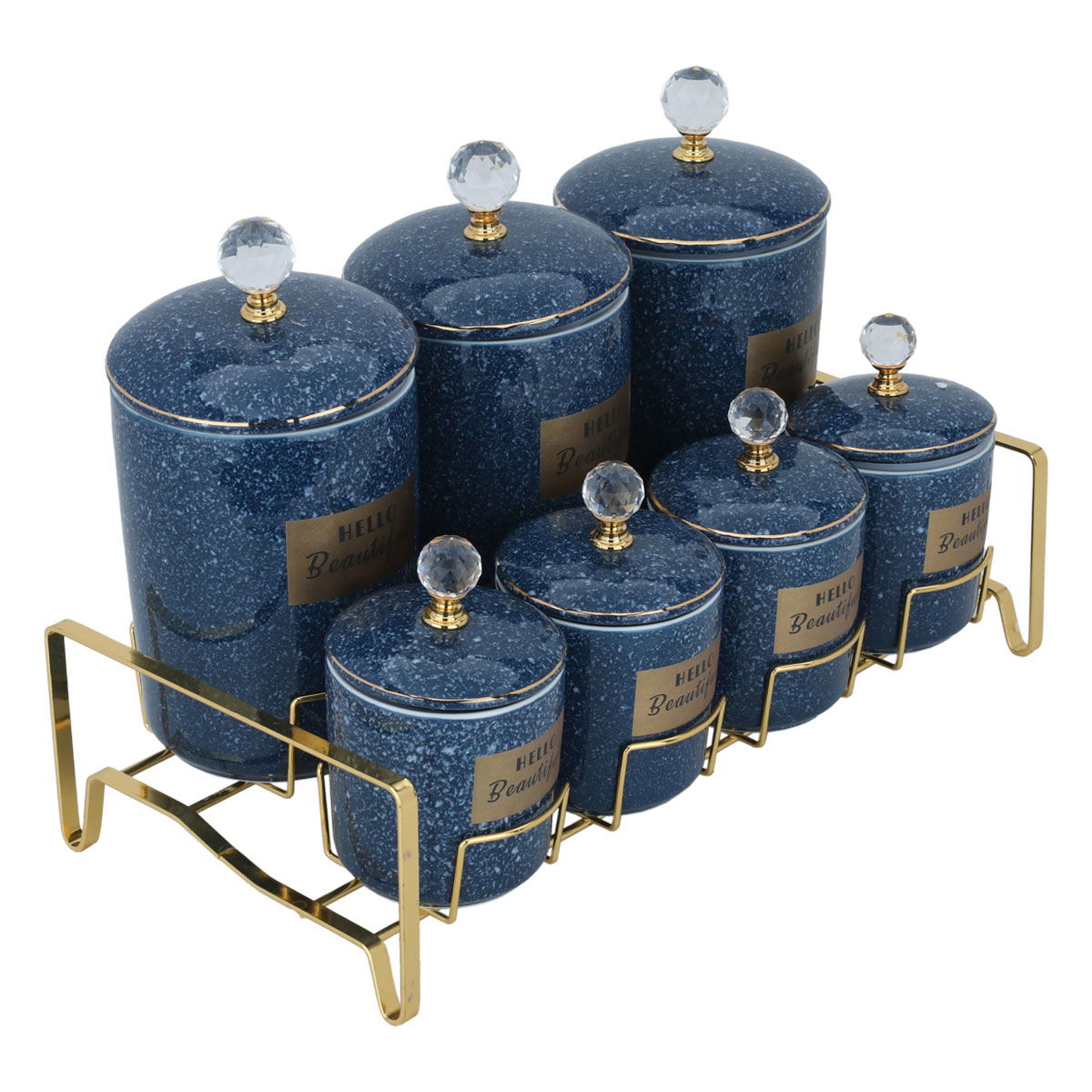 Al Saif Gallery porcelain spice boxes set, with golden stand, 7 pieces - blue product image 2
