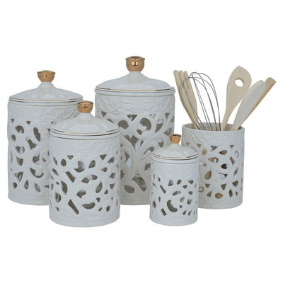 طقم علب بهارات بورسلان السيف غاليري، مخرم - أبيض وذهبي product image 1