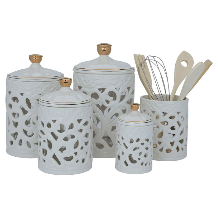 طقم علب بهارات بورسلان السيف غاليري، مخرم - أبيض وذهبي product image 1