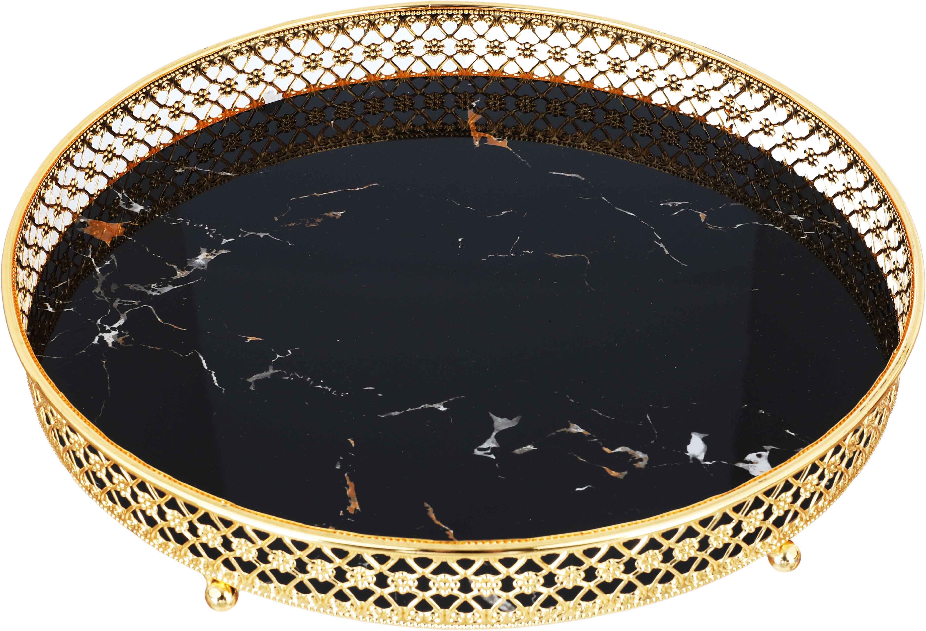 Tofaria steel serving tray with gold edges Al Saif Gallery, 35 x 35 x 6 cm, round, marble - black product image